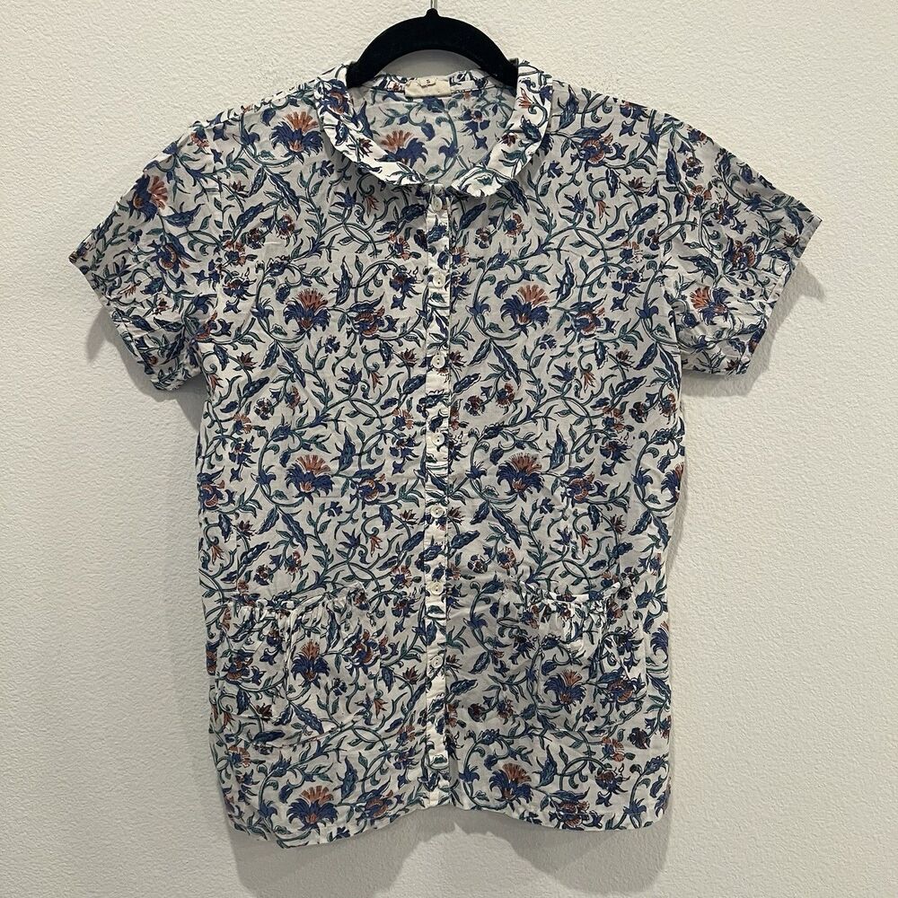 Anokhi Women’s Hand Block Printed Short Sleeve Button Up Shirt Front Pockets S